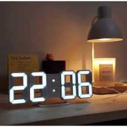 3D Digital Wall Clock LED Table Clock Time Alarm Temperature Date Sound Control Night Light With Button Control Clock ( Only White Color) - D Shop