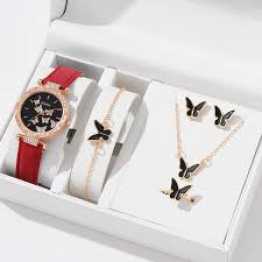 Artificial Leather Watch & Butterfly Jewelry Sets For Women Gift Item