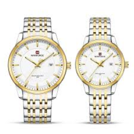 NAVIFORCE Brand 9228 Couple Classic Watch Stainless Steel Strap Water Resistance Luminous Calendar Quartz Wristwatch- Sliver, Rose Gold & White