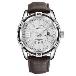 Naviforce NF9117 - Coffee Color Strap - PU Leather Analog Watch for Men - Silver & Coffee