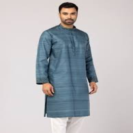 Teal Blue Printed and Embroidered Endi Silk Panjabi